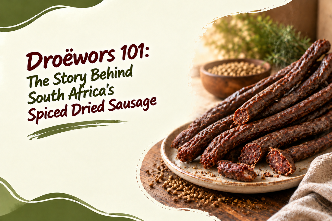 South African droëwors spiced dried sausage on a plate.
