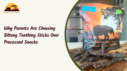Biltong teething sticks as an alternative to processed snacks.